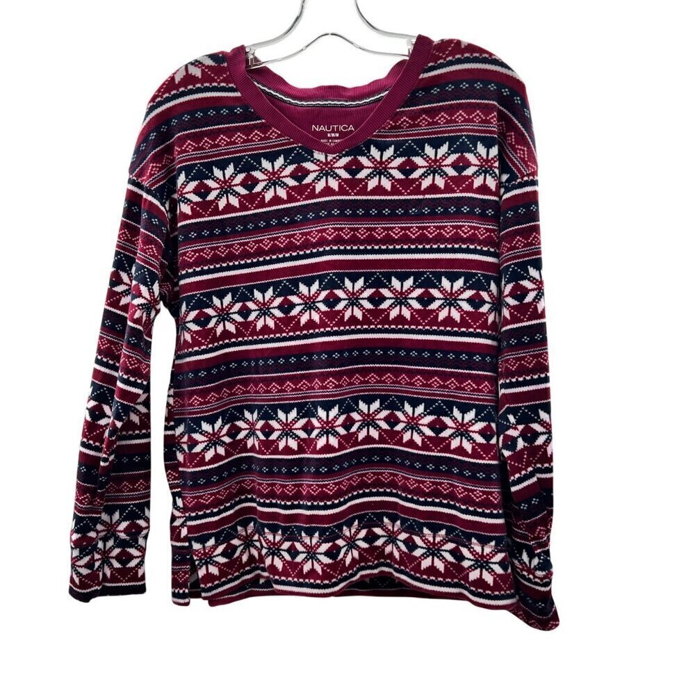 Nautica Women's V-Neck Long Sleeve Sweater Multicolor Print Size Medium